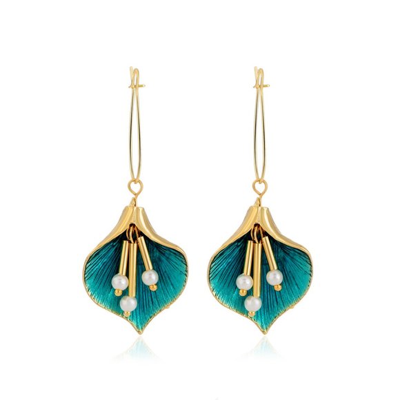 3/$35 Flower Leaf Pearl Green Gold Dangle Drop Fashion Earrings Women Jewelry - Picture 5 of 6